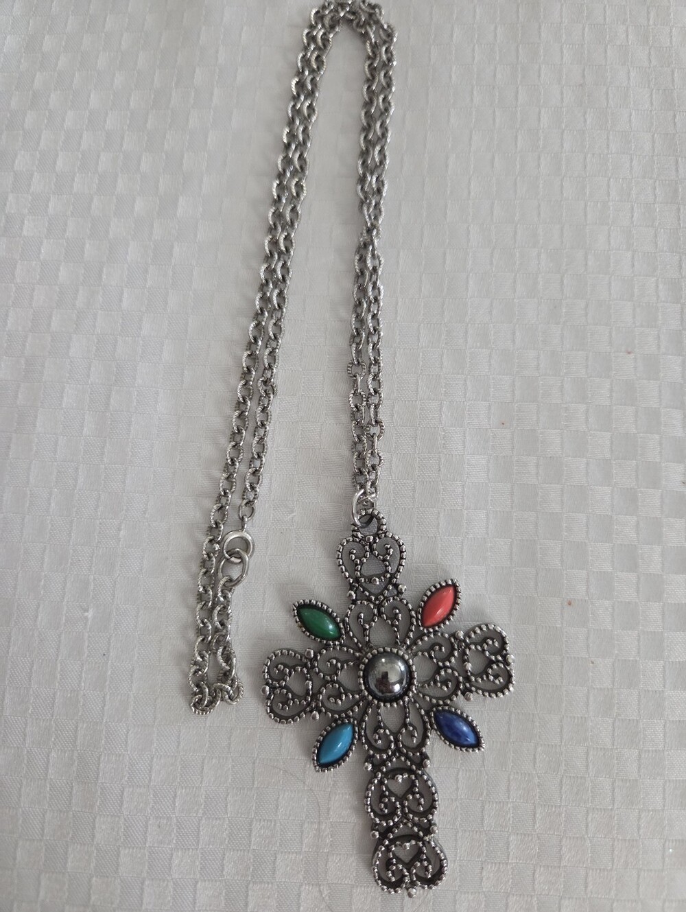 Avon Silver-Tone Multicolor Stone Filigree Cross Necklace